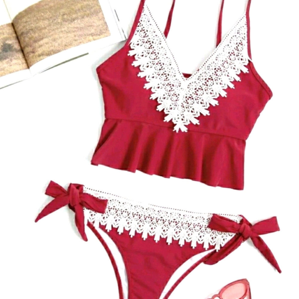 Women’s Red Crochet Trim Two-Piece Swim Set